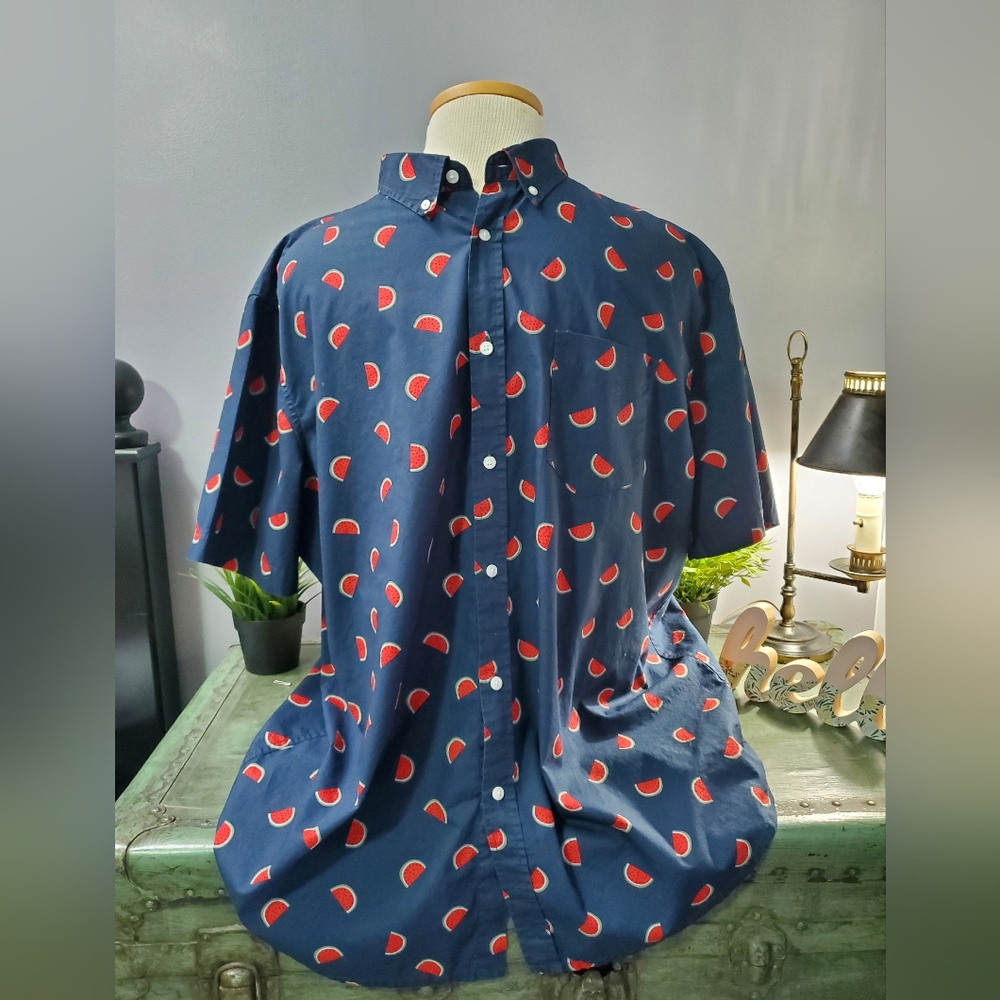 Falls Creek Navy Watermelon Print Short Sleeve Button Down